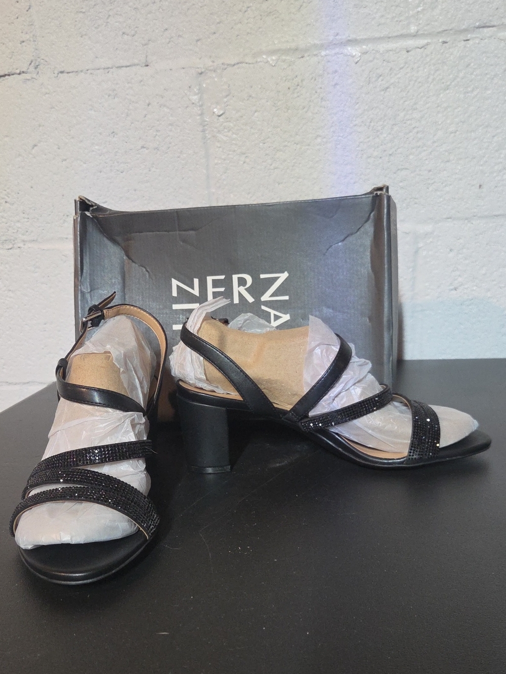 Naturalizer Black Strappy Rhinestone Mid Block Heel Sandals